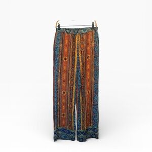 Umgee Paisley Wide Leg Boho Pants - Vibrant Orange & Blue Paisley Print | Size L